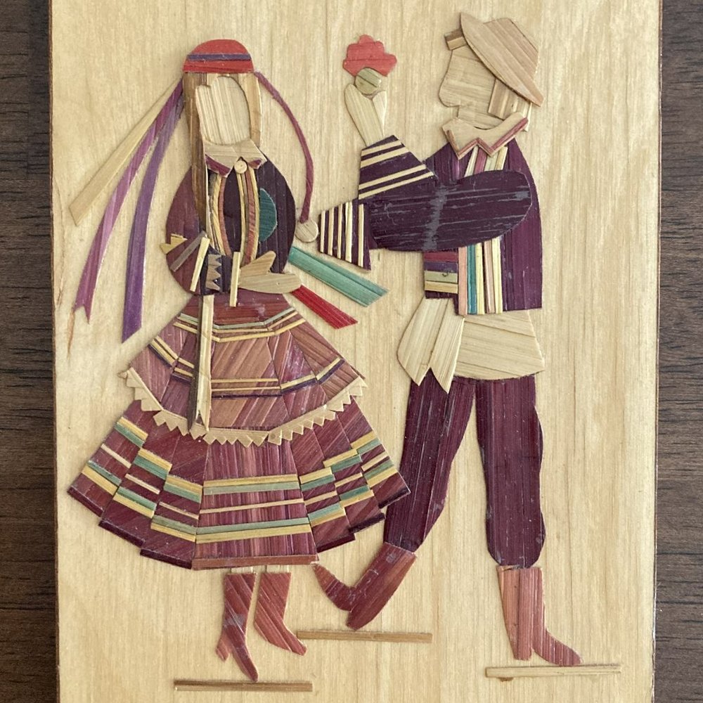 Vintage Straw Art on Wooden Plaque - Handmade in Poland - Dancing Couple